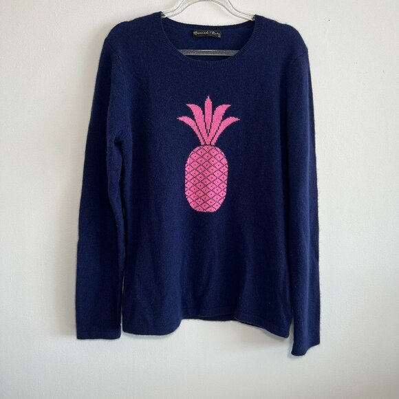 Hannah Rose 100% Cashmere Sweater long sleeve Navy with pineapple detail - Picture 1 of 6